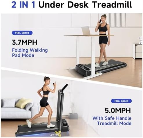Portable Folding Treadmill with Incline for Home/Office | Quiet Desk Treadmill with Remote Control & App | 300 Lbs Capa
