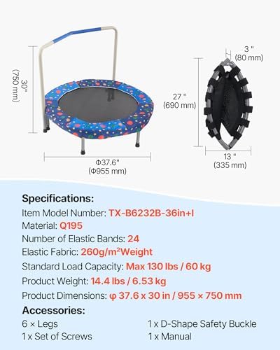 VEVOR 3FT Foldable Trampoline for Toddlers: Recreational Gift, Indoor/Outdoor, Foam Handle, 36" Diameter