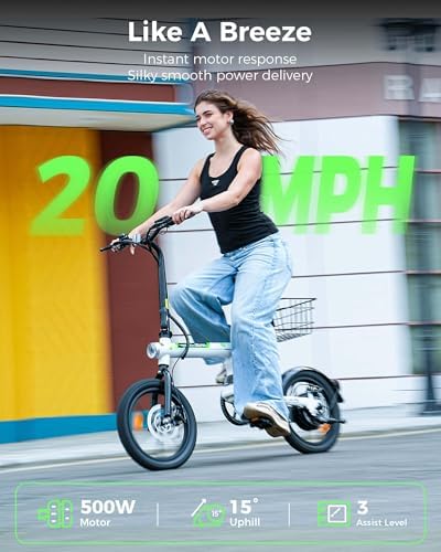 Isinwheel 500W Electric Bike for Adults 280.8Wh Battery Smart Uphill Folding Ebike 14"/16" Adults Teens
