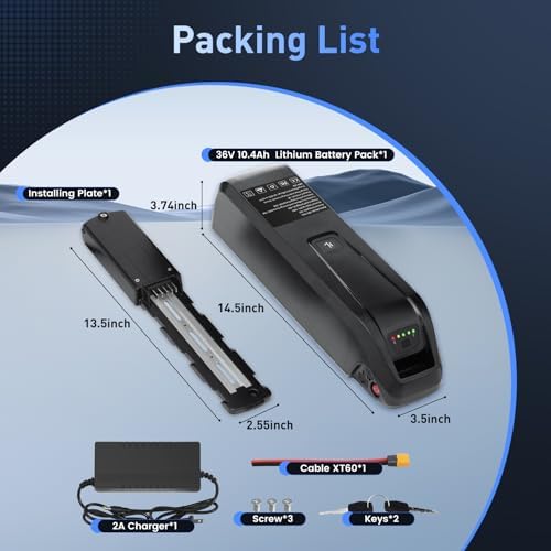 Ebike Battery 36V, 10.4Ah/ 15.6Ah/ 20Ah Lithium Pack, Safe Lock, USB Port, XT60 Plug, For 0-1500W Motor