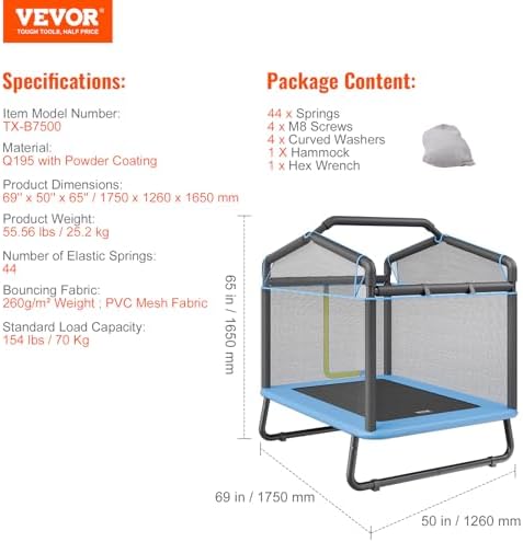 VEVOR 6FT Trampoline 72" Indoor/Outdoor Trampoline, Safety Enclosure Net, Gymnastics Bar - Image 7