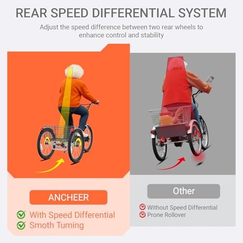ANCHEER 350W Peak 550W Electric Tricycle for Adults, 48V 499Wh Folding Trike, 24" Rear Differential Basket E-Bike, 15.5M