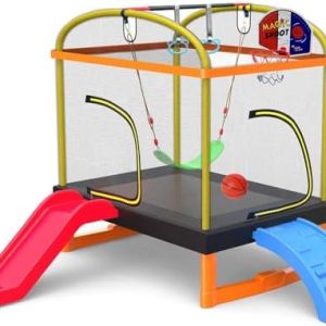 6.5Ft 7-in-1 Rectangle Trampoline for Kids with Climb, Slide, Swing Birthday Gift for Girls and Boys Age 1-10 6.5Ft 7-in