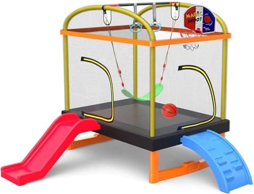6.5Ft 7-in-1 Rectangle Trampoline for Kids with Climb, Slide, Swing Birthday Gift for Girls and Boys Age 1-10 6.5Ft 7-in