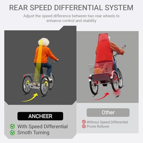 ANCHEER 350W Peak 550W Electric Tricycle for Adults, 48V 499Wh Folding Trike, 24" Rear Differential Basket E-Bike, 15.5M