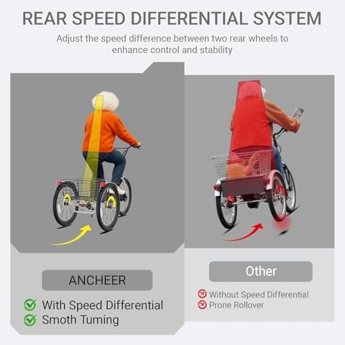 ANCHEER 350W Peak 550W Electric Tricycle for Adults, 48V 499Wh Folding Trike, 24" Rear Differential Basket E-Bike, 15.5M