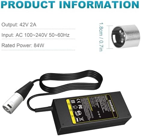 Futurebatt Electric Bike Battery Charger for 36V Ebike with 42V 2A Output and 3-Pin XLR Male Connector Power Cord Futu