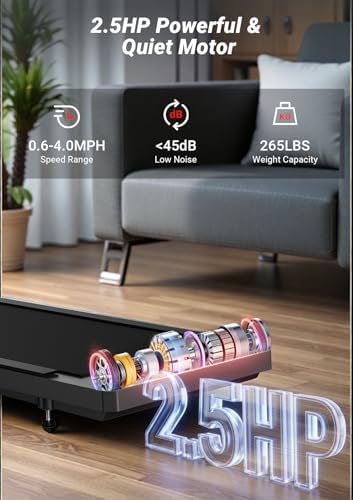 Portable Walking Pad Treadmill for Home Office, |5 HP Quiet Under Desk Treadmill with 5% Incline, 265 Lbs Capacity, 15"