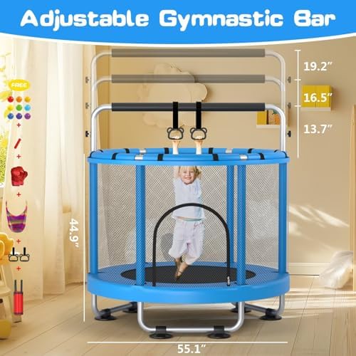 55" Global Recycled Standard Trampoline for Boys & Girls: Outdoor & Indoor with Enclosure & Adjustable Gymnastics Bar
