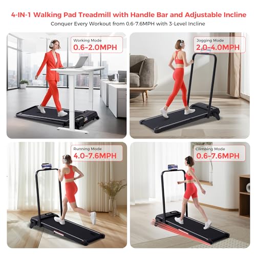 Portable Home Walking Pad with Handle Bar & 3-Level Incline for Small Spaces, |5HP, 350LBS Capacity, 0.6-7.6MPH Treadmi - Image 2