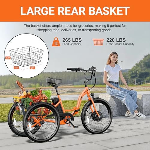ANCHEER 350W Peak 550W Electric Tricycle for Adults, 48V 499Wh Folding Trike, 24" Rear Differential Basket E-Bike, 15.5M