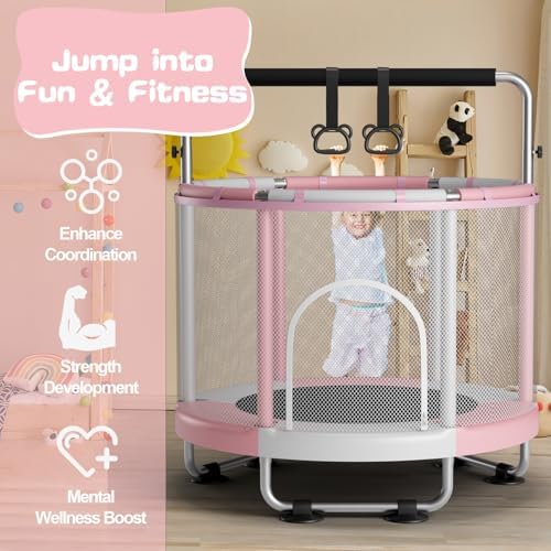 55" Global Recycled Standard Trampoline for Boys & Girls: Outdoor & Indoor with Enclosure & Adjustable Gymnastics Bar