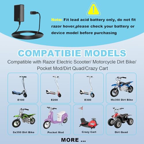 Razor MX350 Dirt Bike Charger E100 E175 E200 E200S E300 E300S E500 24V 2000mA Replacement
Razor Electric Scooter Charg - Image 3