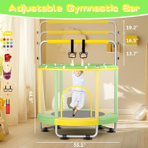 55" Global Recycled Standard Trampoline for Boys & Girls: Outdoor & Indoor with Enclosure & Adjustable Gymnastics Bar