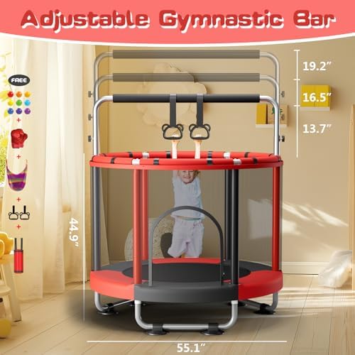 55" Global Recycled Standard Trampoline for Boys & Girls: Outdoor & Indoor with Enclosure & Adjustable Gymnastics Bar