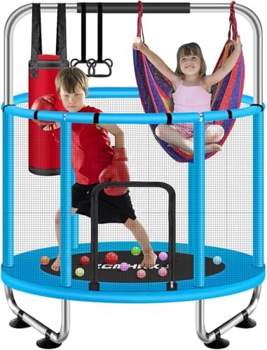 55" Global Recycled Standard Trampoline for Boys & Girls: Outdoor & Indoor with Enclosure & Adjustable Gymnastics Bar
