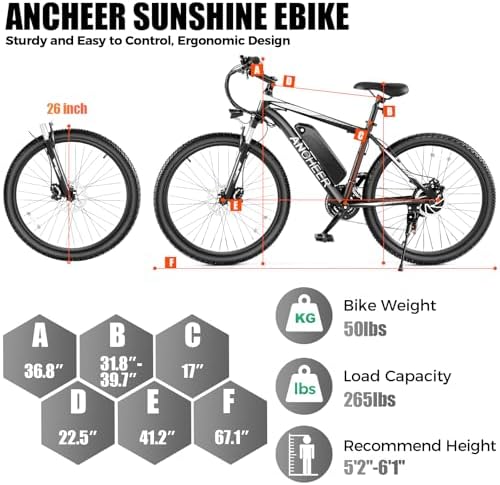 ANCHEER Peak 750W Motor Electric Mountain Bike for Adults, 55 Miles Electric Bicycle 26" SunEbike 48V/374Wh Battery