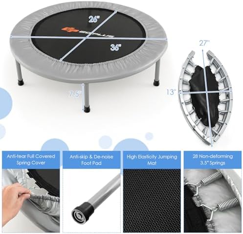 Goplus Mini Trampoline, Foldable 36"/38" Rebounder for Adults, Portable Fitness Trampoline for Home and Outdoor Workout,