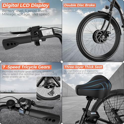 ANCHEER 350W Peak 550W Electric Tricycle for Adults, 48V 499Wh Folding Trike, 24" Rear Differential Basket E-Bike, 15.5M