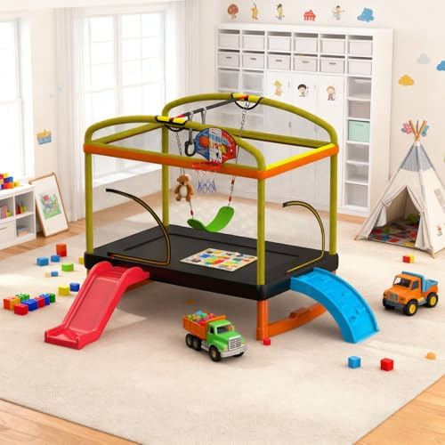 6.5Ft 7-in-1 Rectangle Trampoline for Kids with Climb, Slide, Swing Birthday Gift for Girls and Boys Age 1-10 6.5Ft 7-in