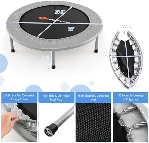 Goplus Mini Trampoline, Foldable 36"/38" Rebounder for Adults, Portable Fitness Trampoline for Home and Outdoor Workout,