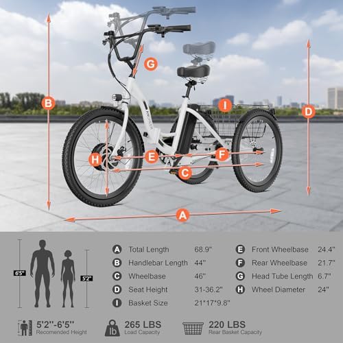 ANCHEER 350W Peak 550W Electric Tricycle for Adults, 48V 499Wh Folding Trike, 24" Rear Differential Basket E-Bike, 15.5M