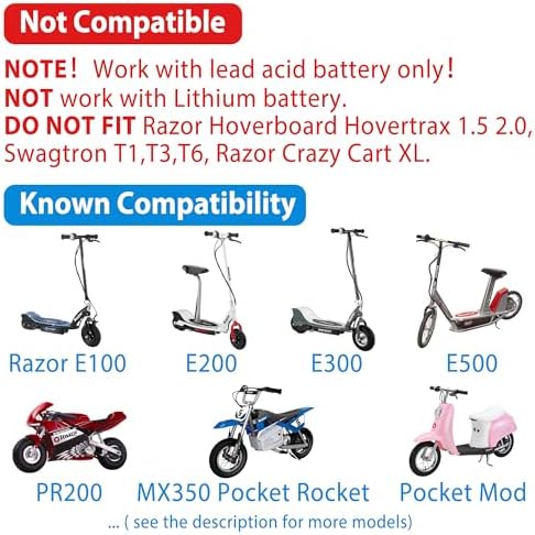 LotFancy 24V 1.5A Electric Scooter Charger for Razor | Replacement Battery Charger | Suitable for E100, E200, E300, E500