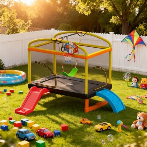 6.5Ft 7-in-1 Rectangle Trampoline for Kids with Climb, Slide, Swing Birthday Gift for Girls and Boys Age 1-10 6.5Ft 7-in
