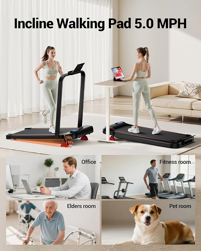 4-in-1 Walking Pad with 15% Incline, Portable Under Desk Treadmill - Image 2