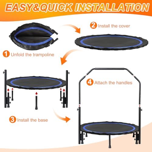 Foldable Mini Trampoline for Adults | Load 330lbs | 40"/48" Rebounder | Durable Bungee Band | Adjustable Foam Handle | H