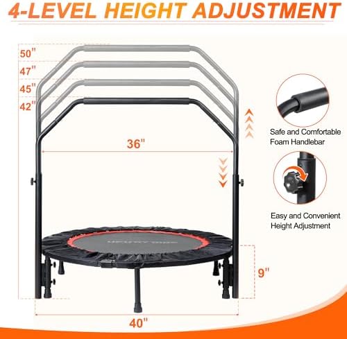 Foldable Mini Trampoline for Adults | Load 330lbs | 40"/48" Rebounder | Durable Bungee Band | Adjustable Foam Handle | H
