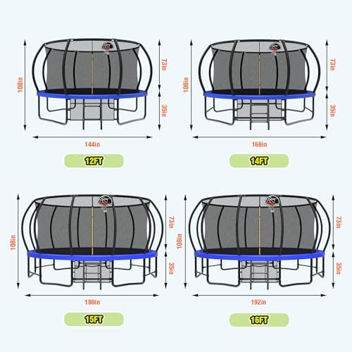 Lyromix 12 14 15 16FT Outdoor Trampolines for Kids and Adults | Lyromix Pumpkin Trampolin with Curved Poles for Kids an