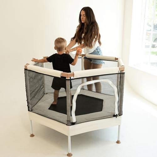 Aesthetic Kids Trampoline with Safety Net & Basketball Hoop, Ultra Safe No-Gap Design, Gifts for Boys & Girls Indoor and