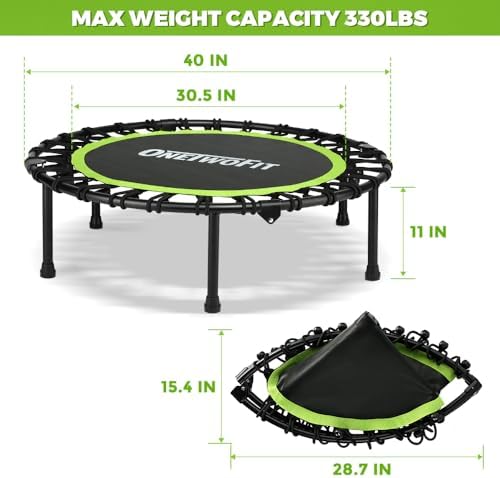 ONETWOFIT Quiet Foldable Mini Trampoline for Adults 42” W/Adjustable Foam Handle Bungees, Perfect for Indoor Workout O
