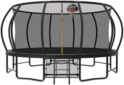 Lyromix 12 14 15 16FT Outdoor Trampolines for Kids and Adults | Lyromix Pumpkin Trampolin with Curved Poles for Kids an