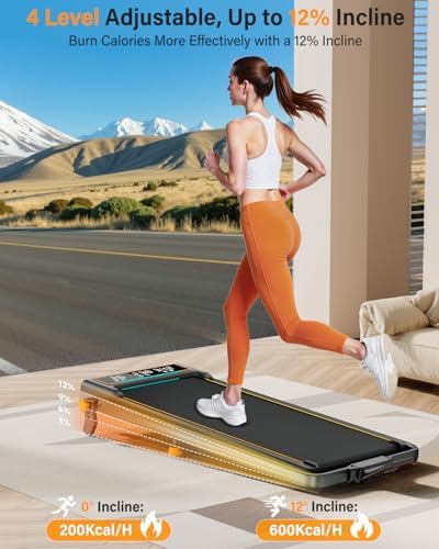 Portable Treadmill Walking Pad with 12% Incline & Handle Bar for Home | 350+lb Capacity & 4 Adjustable Incline Smart Ap