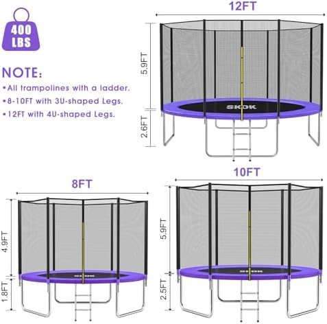 SKOK Kids Outdoor Trampoline, 400LBS ASTM Approved Net Trampoline, Kid Friendly, Outdoor Play, Durable and Safe, 12ft Di