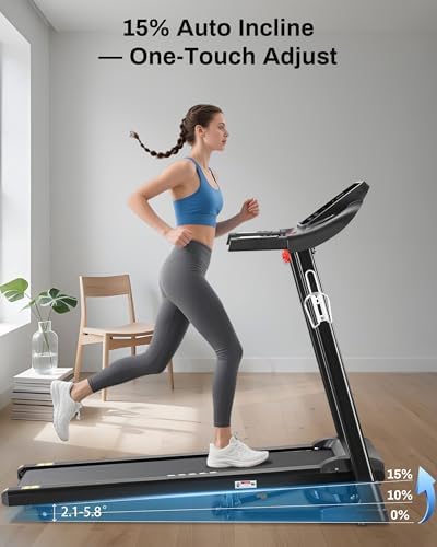Automatic Incline Treadmill for Home, 300LBS Capacity, 15% Incline, |0HP, Shock Absorbing with APP Cardio Treadmill wi