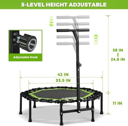 ONETWOFIT Quiet Foldable Mini Trampoline for Adults 42” W/Adjustable Foam Handle Bungees, Perfect for Indoor Workout O
