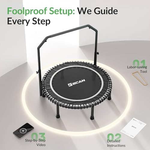 BCAN 40"/48" Mini Rebounder Trampoline for Adults with Bar: Whole-Body Workout & Relaxation at Home, Stable & Quiet, Adj