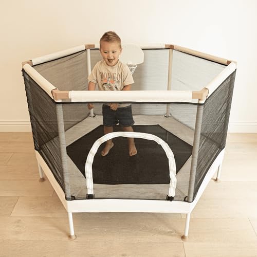 Aesthetic Kids Trampoline with Safety Net & Basketball Hoop, Ultra Safe No-Gap Design, Gifts for Boys & Girls Indoor and