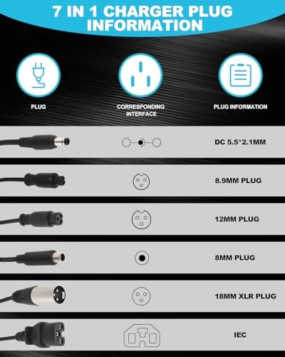 2A Fast Charger for 48V Lithium Battery, Universal Hoverboard Battery Charger with 7 Plugs for Jetson, Gotrax, Razor, Ni