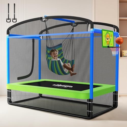 Zupapa 4X6FT Rectangle Trampoline with Hammock Chair for Toddlers Ages 3-6 Indoors Outdoors, Basketball Hoop Safety Net