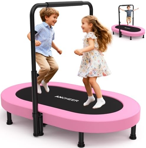ANCHEER Mini Trampoline for Kids & Toddlers - Indoor/Outdoor Rebounder with Adjustable Handle, 56'' Safe Oval Fitness Tr
