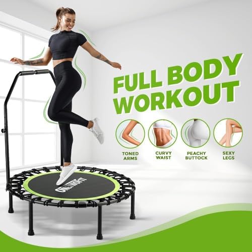 ONETWOFIT Quiet Foldable Mini Trampoline for Adults 42” W/Adjustable Foam Handle Bungees, Perfect for Indoor Workout O