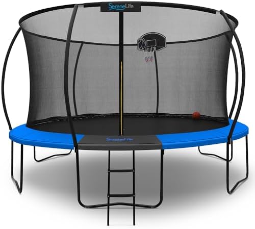 SereneLife 12FT Outdoor Trampoline for Kids and Adults - Recreational Trampoline with Curve Safety Poles and Net Enclosu