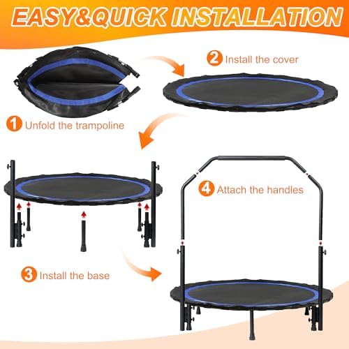 Foldable Mini Trampoline for Adults | Load 330lbs | 40"/48" Rebounder | Durable Bungee Band | Adjustable Foam Handle | H