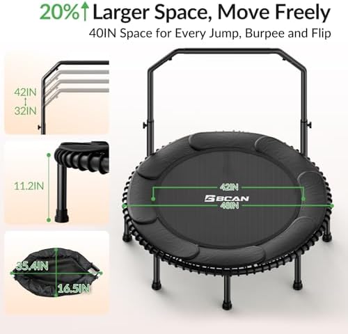 BCAN 40"/48" Mini Rebounder Trampoline for Adults with Bar: Whole-Body Workout & Relaxation at Home, Stable & Quiet, Adj