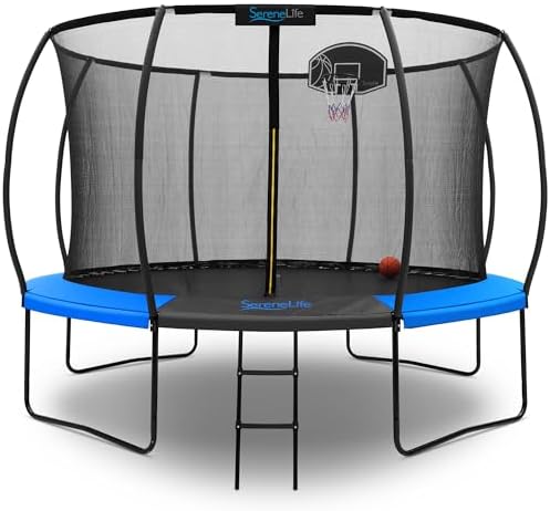 SereneLife 12FT Outdoor Trampoline for Kids and Adults - Recreational Trampoline with Curve Safety Poles and Net Enclosu