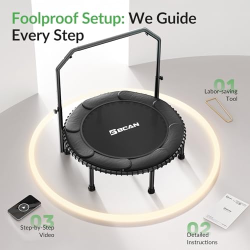 BCAN 40"/48" Mini Rebounder Trampoline for Adults with Bar: Whole-Body Workout & Relaxation at Home, Stable & Quiet, Adj